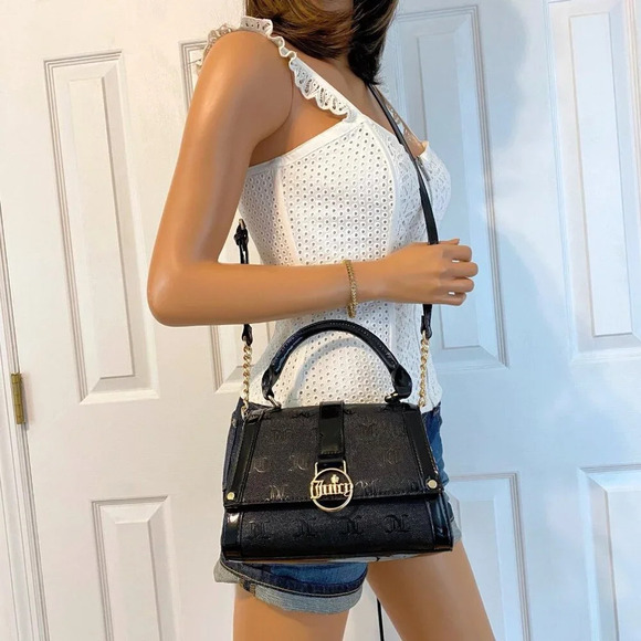 Juicy Couture Black Gothic Logo Fancy Flap Crossbody Handbag Evening Purse New - Picture 4 of 11